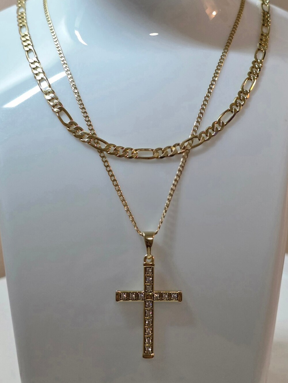 Cross Pendant Layered Figaro 20" & Cuban 24" Necklace Set